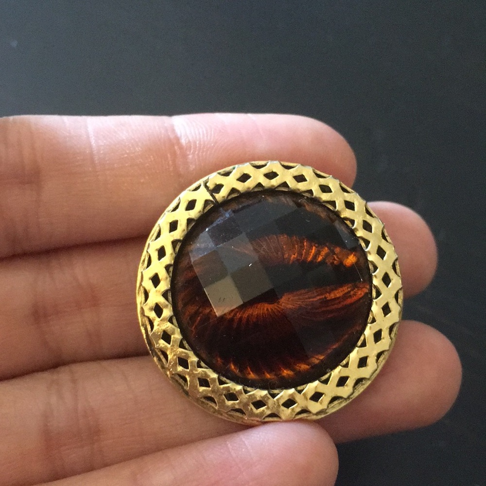 Freirich Gold Tone RootBeer Brown Art Glass Brooch - Picture 6 of 6